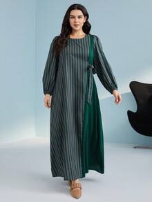 Mulvari Plus Striped Print Knot Side Lantern Sleeve Dress - Dark Green - View 3