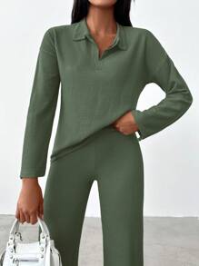 EURMUSE Solid Drop Shoulder Tee & Pants - Army Green - View 5