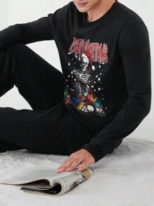 RueChic Men Letter & Christmas Print Tee & Sweatpants - Black - View 5