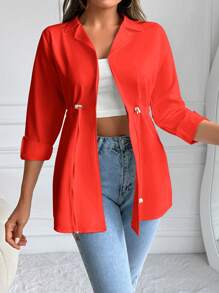 EURMUSE Solid Lapel Neck Drawstring Waist Coat - Red - View 3