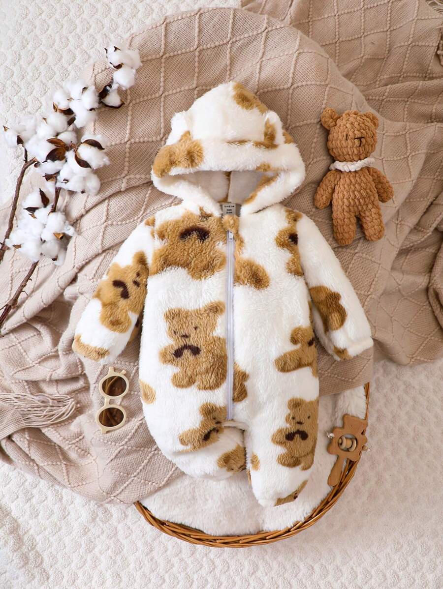 Enterizo de bebé con cremallera estampado de dibujos animados con cuello de piel sintética, para otoño/invierno - Albaricoque - Ver 1