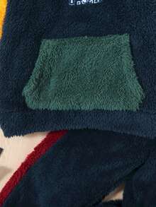 Young Boy Letter Embroidery Colorblock Teddy Hoodie & Pants - Navy Blue - View 7