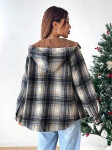 SHEIN EZwear 格紋印花翻蓋口袋連帽外套 - 彩色 - 查看 2