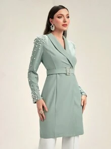 Modelyn Ngọc trai đính cườm Khăn quàng Thắt lưng Áo vest - màu xanh lá - Xem 3