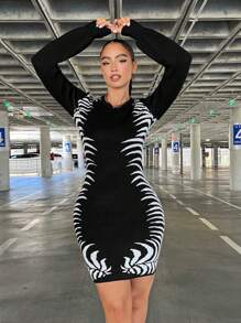 SHEIN SXY Black And White Pattern Women's Sweater Dress Party - Black and White - View 4