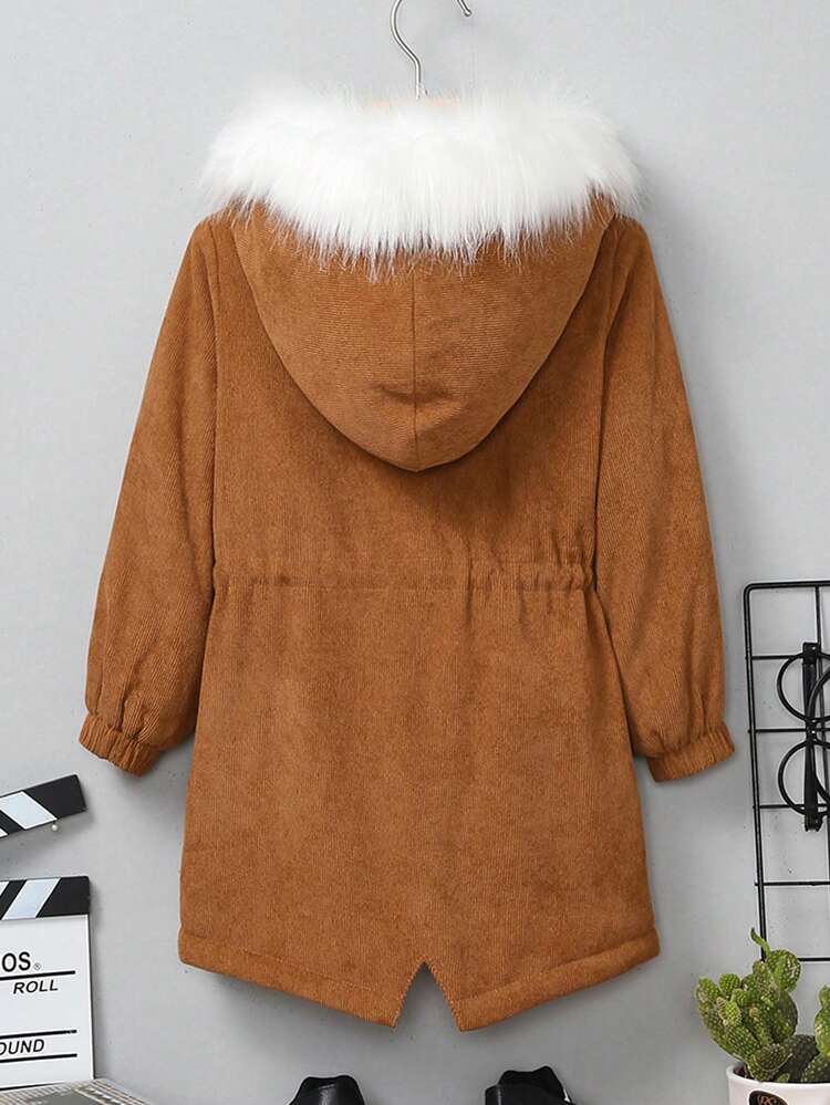 Young Boy Drawstring Waist Fuzzy Trim Hooded Thermal Coat
