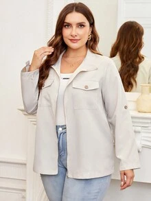 SHEIN Franclia Plus Flap Pocket Zip Up Jacket - Apricot - View 4