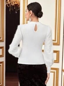 Modelyn Keyhole Neck Fuzzy Lantern Sleeve Top - White - View 2