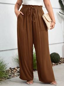 SHEIN LUNE Talla grande Pantalones de pierna ancha de cintura con volante - Marrón - Ver 3