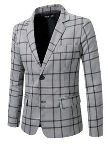 Manfinity Mode 男士格紋單排釦西裝外套和褲子套裝套裝 - 灰色 - 查看 4