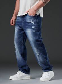 Manfinity Men Plus Ripped Straight Leg Jeans - Blue - View 7