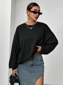 SHEIN EZwear 太陽&仙人掌落肩袖運動衫 - 黑色 - 查看 4