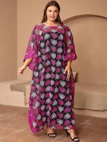 Plus Allover Print Batwing Sleeve Dress - Hot Pink - View 4