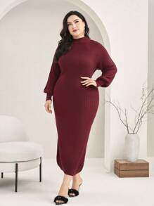 Modelyn 勃艮第红色加大立领灯笼袖毛衣连衣裙 - 酒紅色 - 查看 5