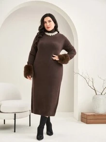 Modelyn Plus Fuzzy Cuff Sweater Dress - Coffee Brown - View 4