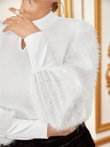 Modelyn Keyhole Neck Fuzzy Lantern Sleeve Top - White - View 3