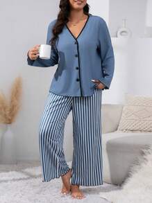 条纹印花撞色绑带纽扣前部睡衣套装/睡衣套装 - 藍色 - 查看 4