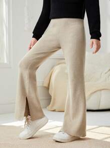 SHEIN Tween Girl Split Hem Flare Leg Sweater Pants - Apricot - View 3