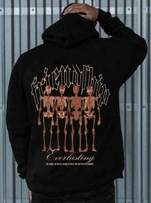 Manfinity Homme Men Slogan & Skeleton Print Kangaroo Pocket Drawstring Hoodie - Black - View 1
