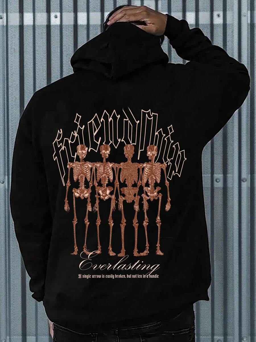 Manfinity Homme Men Slogan & Skeleton Print Kangaroo Pocket Drawstring Hoodie - Black - View 1