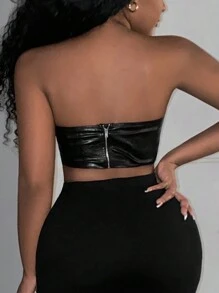 Slaydiva Áo ống bằng da PU với đường viền không đối xứng - màu đen - Xem 1