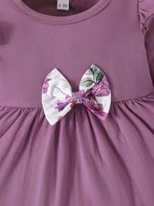 女嬰印花荷葉邊前蝴蝶結花邊下擺上衣和褲子 - 紫色 - 查看 6