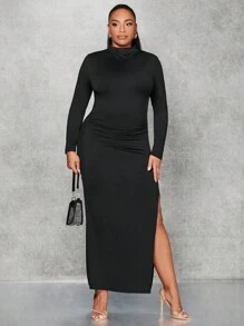 SHEIN BAE 大碼煙囪領高衩洋裝 - 黑色 - 查看 4