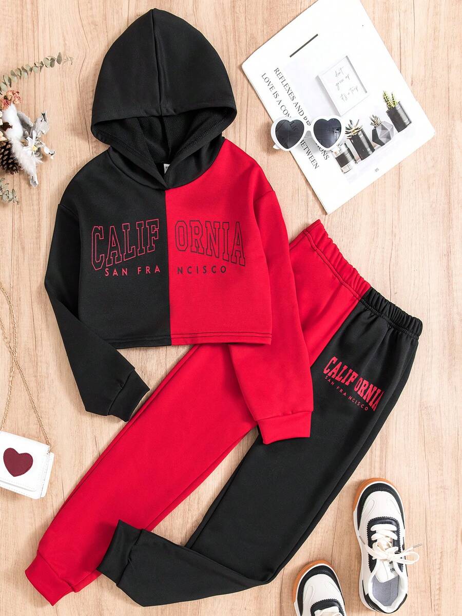 SHEIN 女大童雙色字母圖案連帽衫和運動褲 - 彩色 - 查看 1