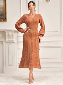 Modelyn Solid V Neck Lantern Sleeve Sweater Dress Without Belt Fall Cloth For Women - Coral Pink - View 4