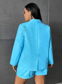 SHEIN EZwear Plus Lapel Neck PU Leather Blazer & Shorts - Blue - View 2