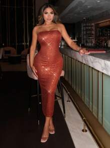 SHEIN SXY Quý cô Sáng bóng Quây Váy bodycon Buổi tiệc Năm mới Đêm trước - Màu nâu  Mocha - Xem 4