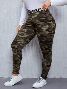 SHEIN LUNE Rozmiar Plus Damski Wzór moro Sztylpy Z Litera Wiosna Nadruk Dekoracje