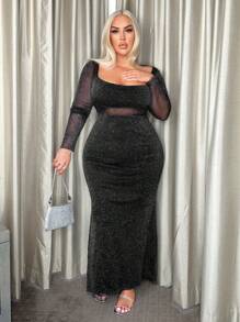 SHEIN X GiudiceGirls Plus Contrast Mesh Mermaid Hem Glitter Dress - Black - View 5