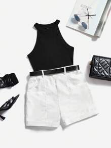 SHEIN Essnce Ribbed Knit Halter Top & Shorts - Black and White - View 1