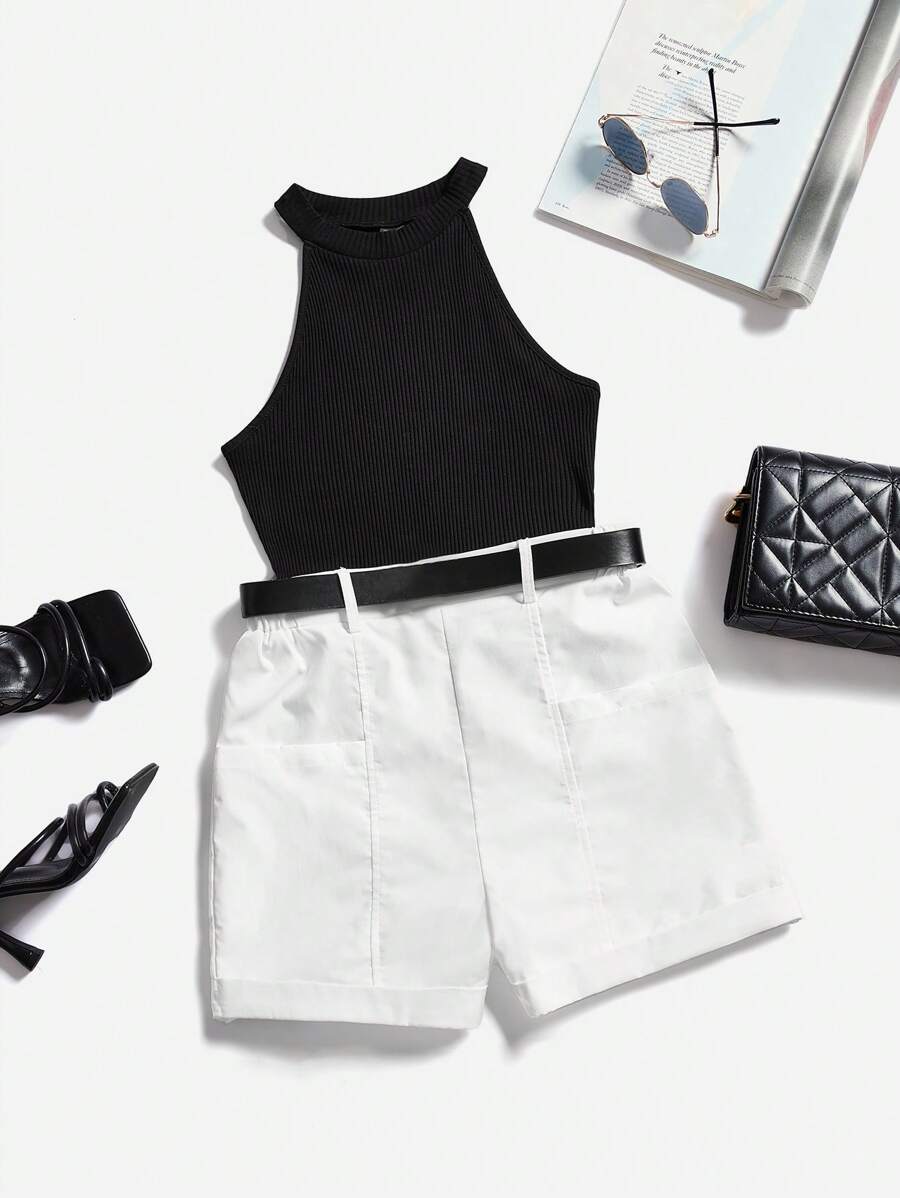 SHEIN Essnce Ribbed Knit Halter Top & Shorts - Black and White - View 1