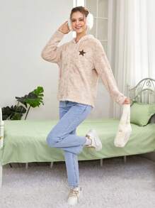 SHEIN EZwear 星星刺繡抽繩連帽絨毛外套 - 卡其色 - 查看 6
