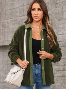 Acelitt 正面撞色拼接紐扣泰迪熊夾克 - 綠色 - 查看 5