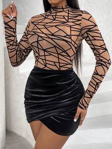 Chiquease Geo Print Mock Neck Mesh Top & Wrap Hem Bodycon Skirt - Black - View 6