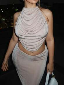 褶邊繞頸短上衣&鉛筆裙 - 淺灰色 - 查看 5