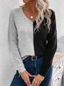 SHEIN Unity Two Tone V Neck Sweater,Long Sleeve Tops In Fall/Winter - Grey - View 4