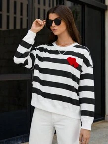 SHEIN Frenchy Women's Heart Patch Design Two-tone Striped Drop Shoulder Sweatshirt - Black and White - View 3