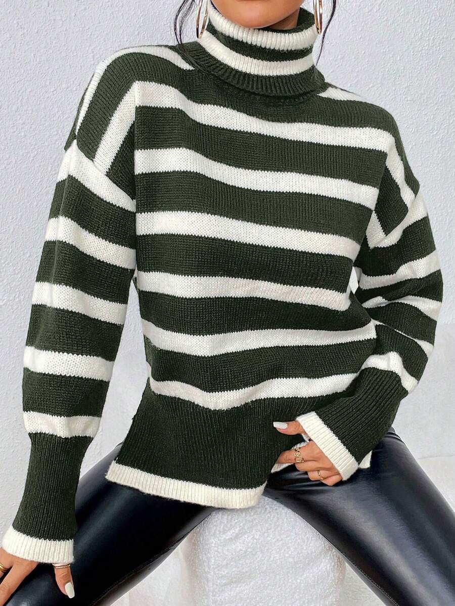 SHEIN Essnce 條紋圖案高領落肩袖套頭毛衣 - 薄荷綠 - 查看 1