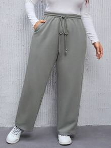 SHEIN LUNE Hơn Eo dây rút Túi nghiêng Quần - Xám - Xem 2