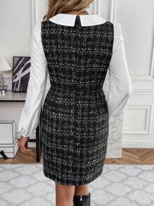 SHEIN LUNE 格紋圖案拼接領燈籠袖假兩件洋裝不附腰帶 - 彩色 - 查看 2