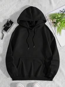 SHEIN EZwear Áo nỉ giữ nhiệt cỡ lớn in họa tiết Giáng sinh, có túi kangaroo và dây rút, lót lông. - màu đen - Xem 2