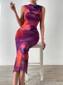 Breezaya 扎染立领网眼紧身连衣裙长款女装