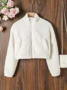 SHEIN Tween Girl Zip Up Drop Shoulder Teddy Jacket - White - View 1