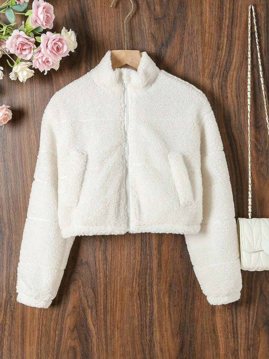 SHEIN Tween Girl Zip Up Drop Shoulder Teddy Jacket - White - View 1