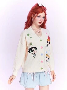 The Powerpuff Girls | ROMWE 卡通圖案落肩袖前紐扣開襟衫 - 杏色 - 查看 3