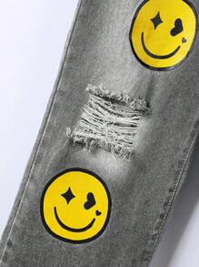 Tween Girl Expression Print Ripped Straight Leg Jeans - Black - View 4